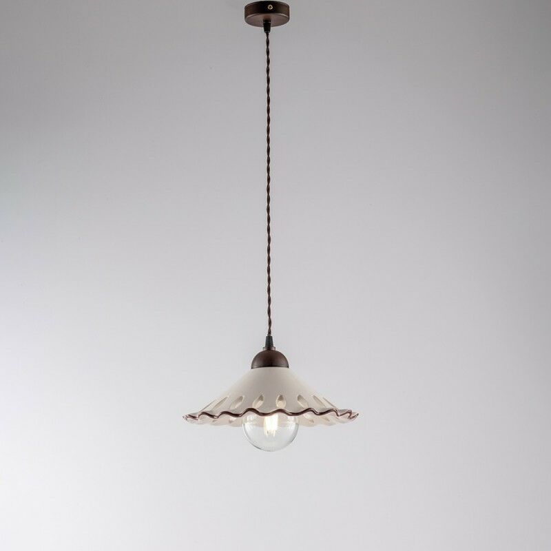 foto del prodotto bonetti illumina lampadario con cavo in tessuto nero ruggine una luce paralume in ceramica bianco 30x h15 cm