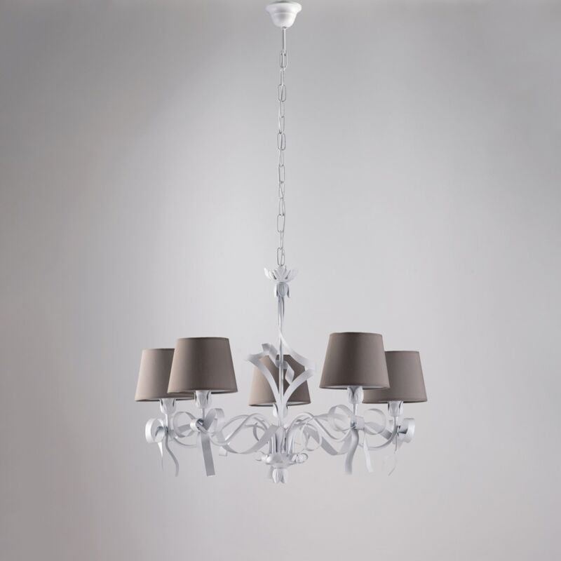 foto del prodotto bonetti illumina lampadario shabby chic lucy bianco 5 luci paralumi tortora