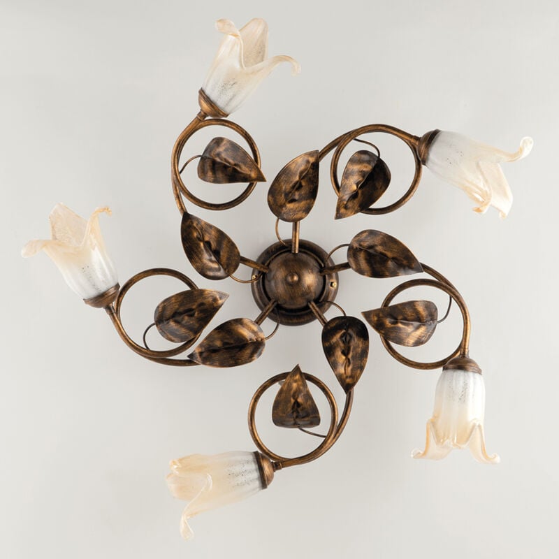 foto del prodotto bonetti illumina plafoniera classica 5 luci con foglie ferro battuto e vetro bronzo serie limone