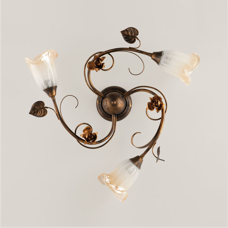 foto del prodotto bonetti illumina plafoniera classica arte povera 3 luci ferro battuto marrone e oro serie cestino