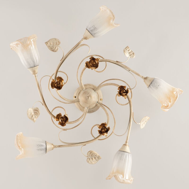 foto del prodotto bonetti illumina plafoniera classica arte povera 5 luci ferro battuto avorio e oro serie cestino
