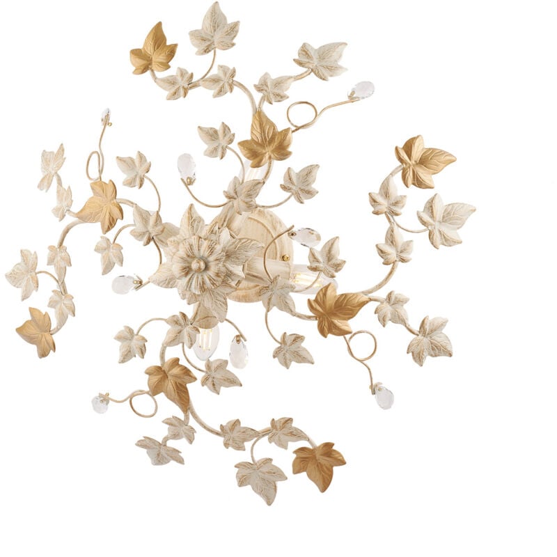 foto del prodotto bonetti illumina - plafoniera shabby edera 4 luci ferro battuto avorio oro con foglie e cristalli