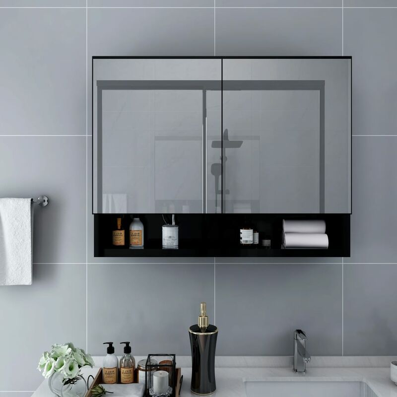 foto del prodotto bonnevie armadietto a specchio armadietto da bagno mobile bagno con led nero 80x15x60 cm in mdf fw47696