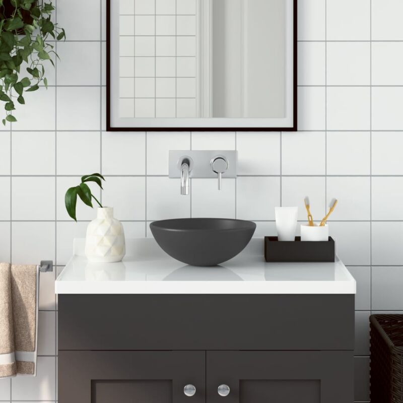 foto del prodotto bonnevie lavabo da appoggio lavandino bagno in ceramica grigio scuro rotondo bv487163