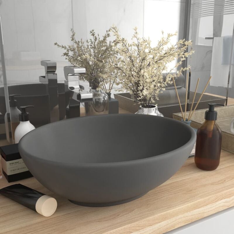 foto del prodotto bonnevie lavabo da appoggio lavandino bagno lusso ovale grigio scuro opaco 40x33 cm in ceramica bv895423