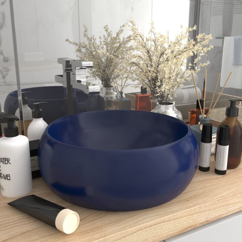 foto del prodotto bonnevie lavabo da appoggio lavandino bagno lusso rotondo blu scuro opaco 40x15 cm in ceramica bv788612