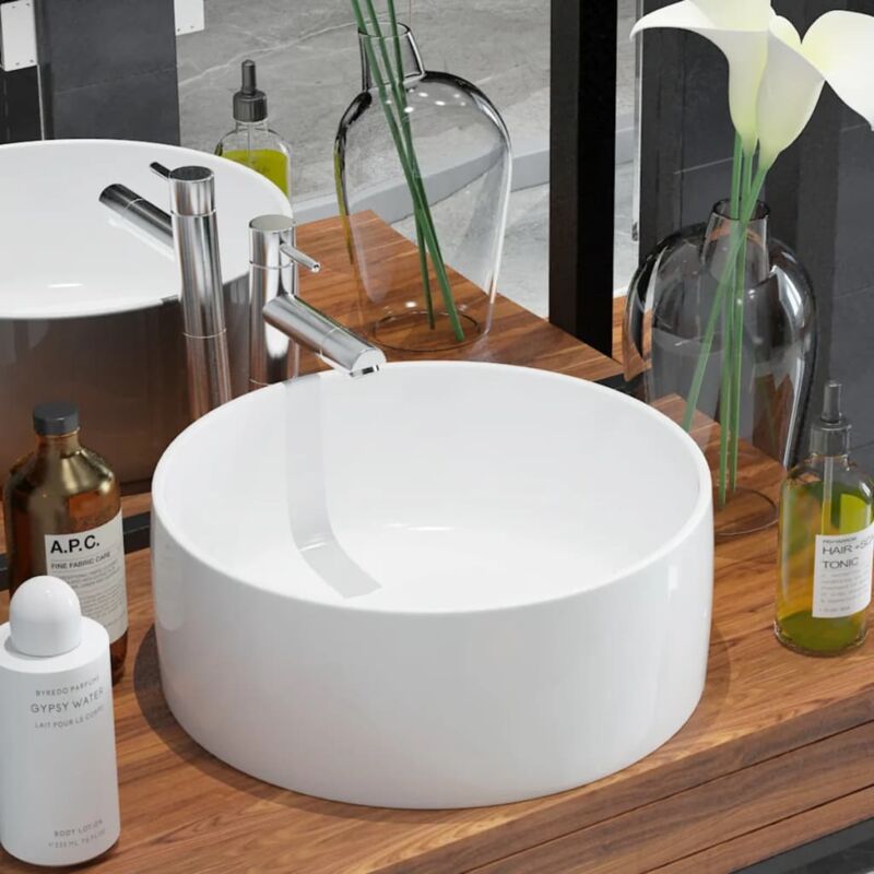 foto del prodotto bonnevie lavabo da appoggio lavandino bagno rotondo in ceramica bianca 40 x 15 cm bv856231