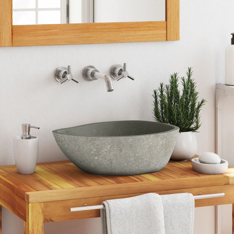 foto del prodotto bonnevie lavabo da appoggio lavandino bagno vasca lavatoio in pietra di fiume ovale 37 46 cm kwi7200 antracite