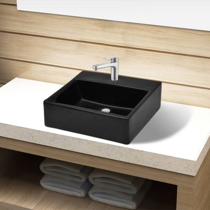 foto del prodotto bonnevie lavandino lavabi da appoggio lavabo bagno in ceramica nera quadrato con foro per rubinetto