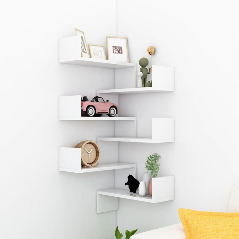 foto del prodotto bonnevie set 2 mensole a muro angolari,scaffali,mensole design scandinavo bianco lucido 40x40x50cm truciolato 35453
