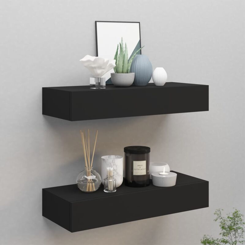 foto del prodotto bonnevie set di 2 scaffali da parete libreria con cassetti da parete neri 60x23,5x10 cm mdf 21237