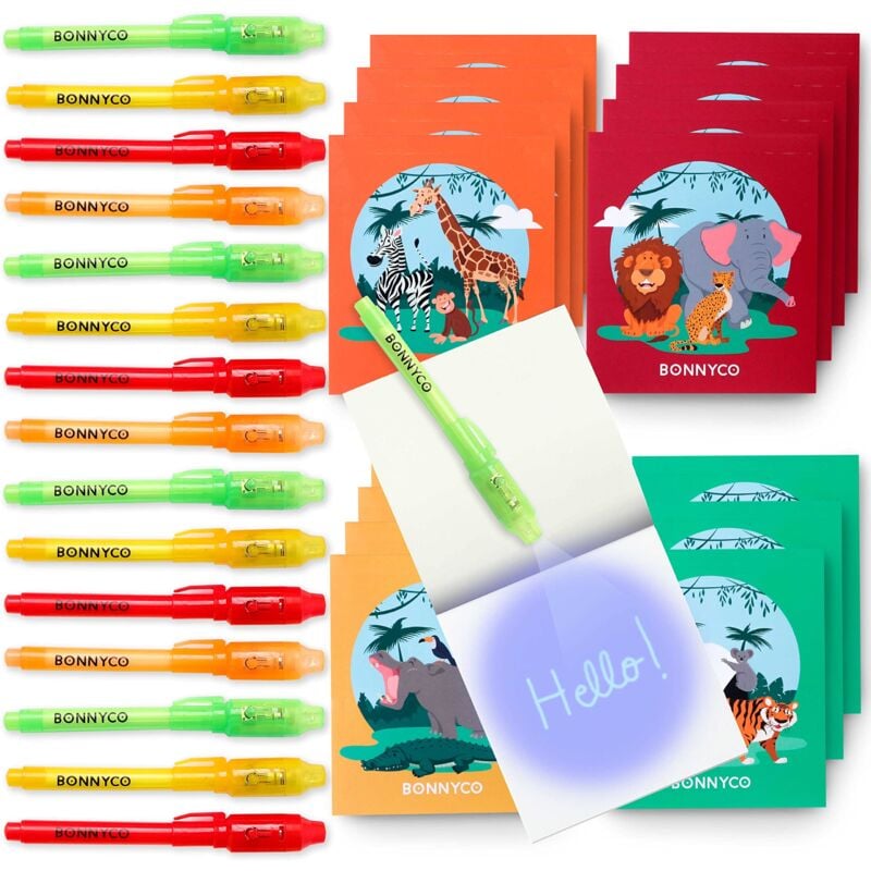 foto del prodotto bonnyco penna invisibile e taccuino, 16 pezzi animali della giungla gadget compleanno bambini, giocattoli pignatta regalini fine festa compleanno