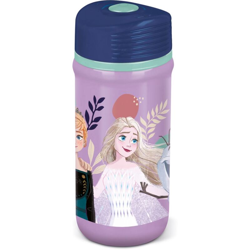foto del prodotto borraccia lilla e viola in plastica per bambini elsa anna olaf 390 ml con chiusra antigoccia disney