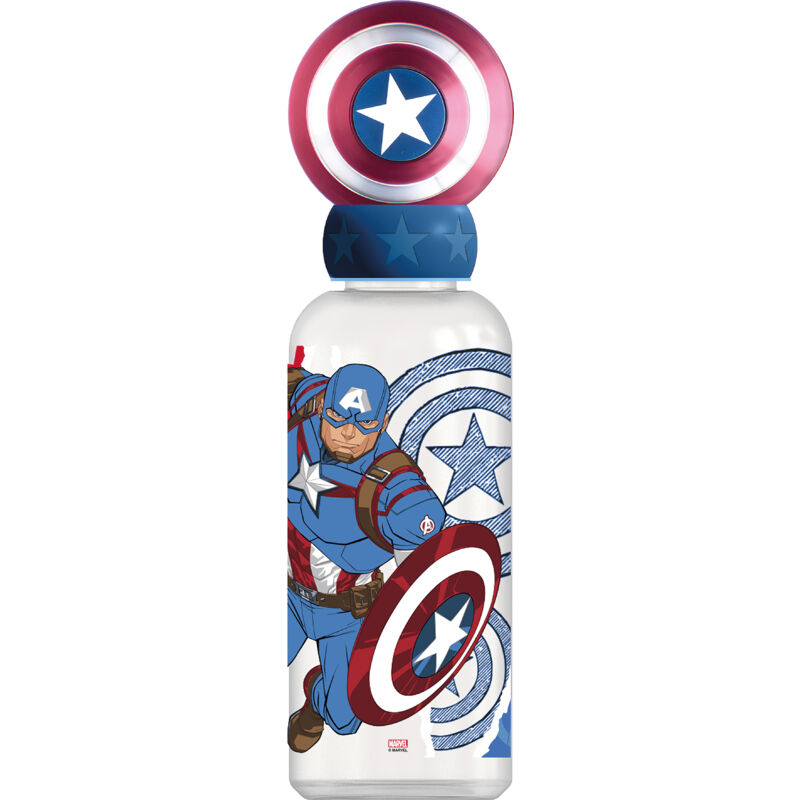 foto del prodotto borraccia per bambini originale marvel con coperchio svitabile e decorato con scudo di capitan america in 3d da 560 ml senza bpa.