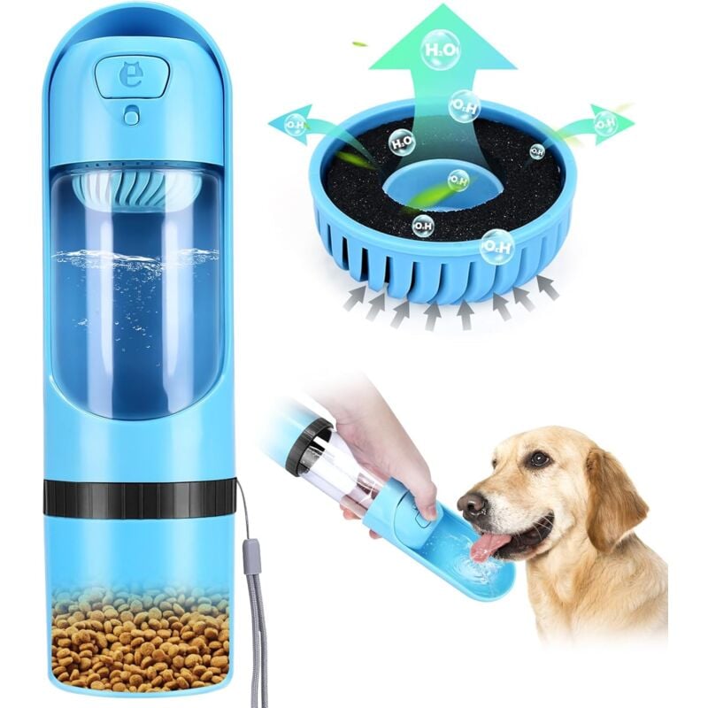 foto del prodotto borraccia per cani da esterno, borraccia per cani tre in uno a tenuta stagna con borraccia per cani da 300 ml e scatola per alimenti da 150 ml,