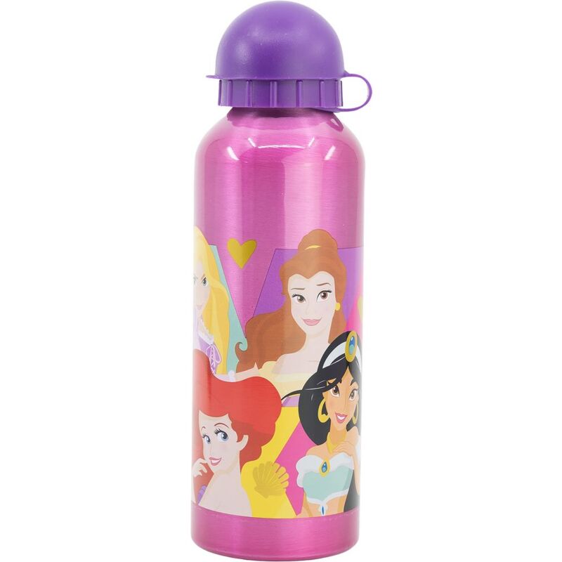 foto del prodotto borraccia viola per bambine in alluminio principesse cenerentola aurora biancaneve rapunzel ariel jasmine 530 ml con beccuccio e tappo di sicurezza