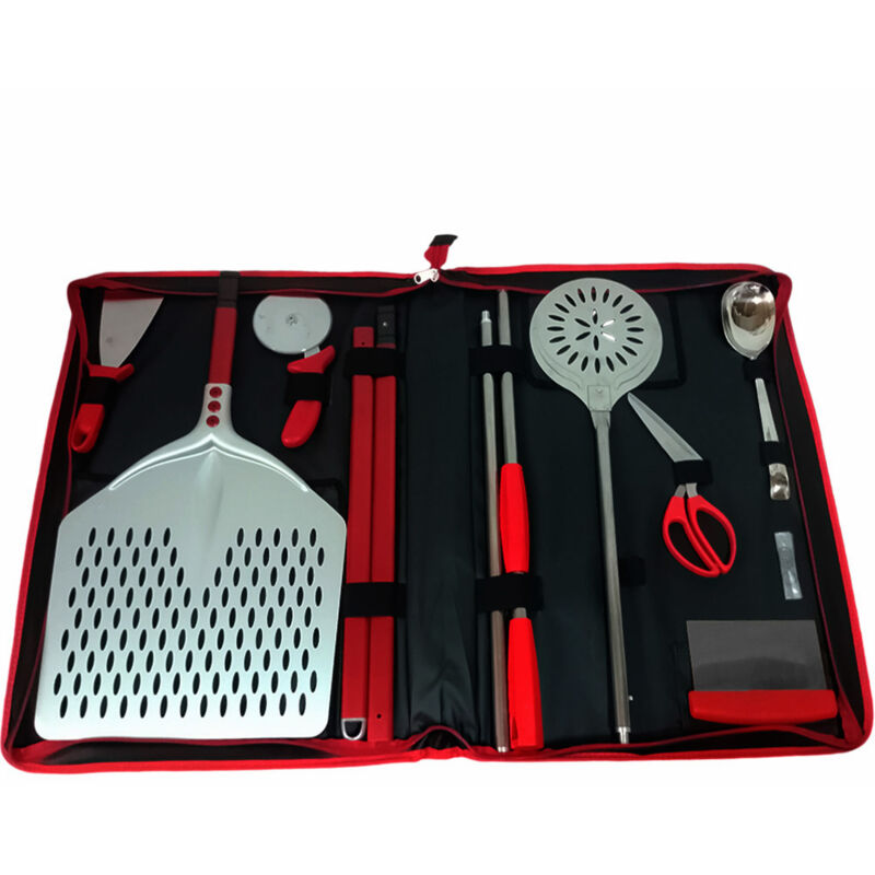 foto del prodotto borsa con 7 attrezzi per pizzaiolo itinerante pala pizza palotto forbice mestolo spatola raschietto rotella taglia pizza professionale in alluminio