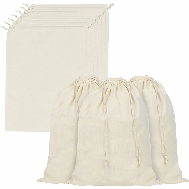 foto del prodotto borsa con coulisse in mussola di cotone con manici scorrevoli confezione da 10 borsa riutilizzabile per verdure in tela vegetale,