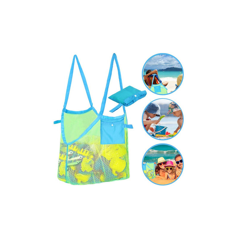 foto del prodotto borsa da spiaggia grande in rete blu verde.