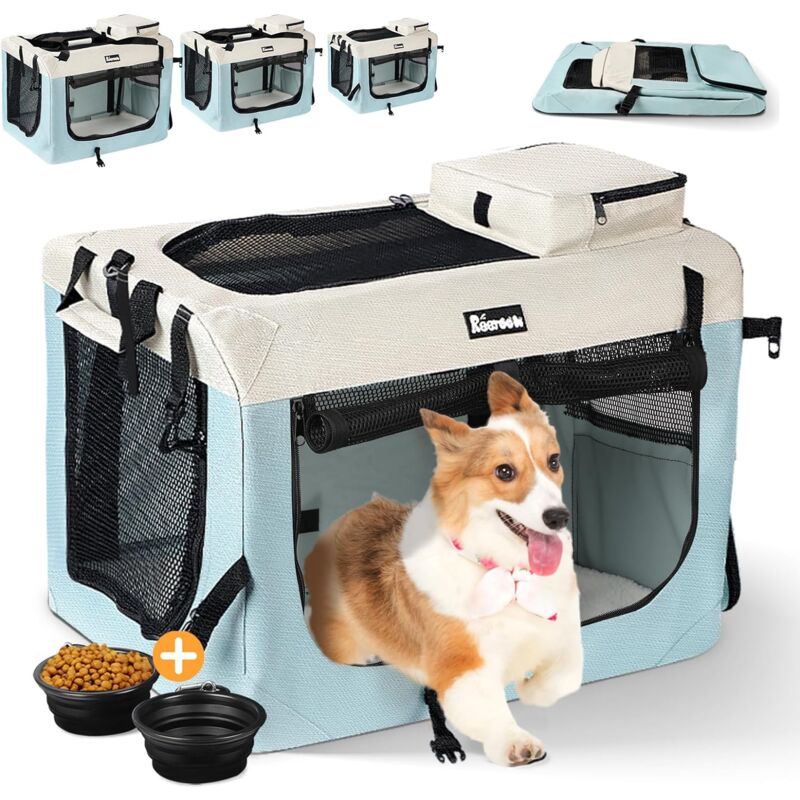 foto del prodotto borsa da trasporto pieghevole per cani e gatti con ciotola, trasportino portatile e traspirante, tracolla regolabile 70x52x52 cm blu e beige l