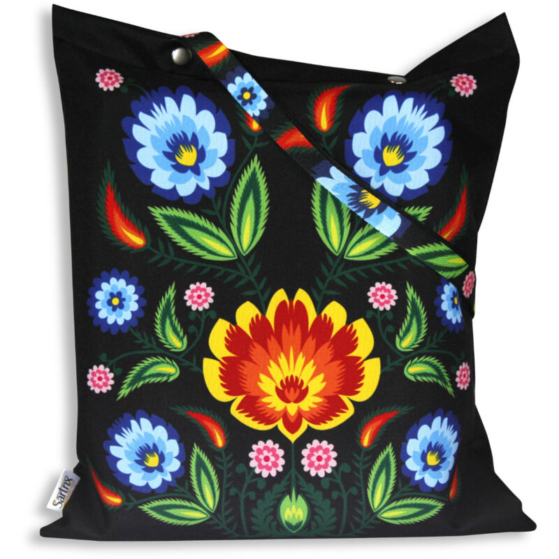 foto del prodotto borsa folk di owicz, impregnata di fiori blu, ritaglio nero