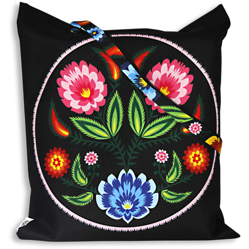 foto del prodotto borsa folk di owicz, impregnata di fiori rosa, ritagliata, nera