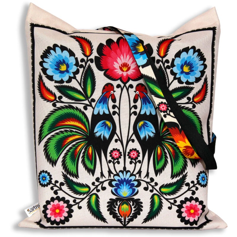 foto del prodotto borsa folk di owicz, impregnata, galli verdi, ritaglio beige