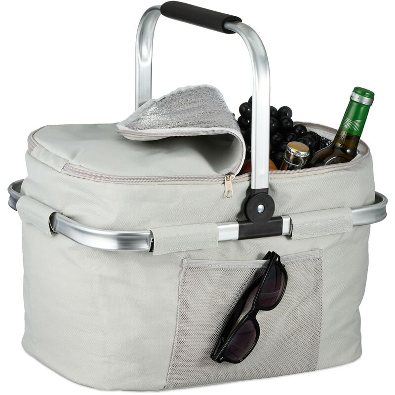 foto del prodotto borsa frigo termica, 28 l cestino spesa pieghevole con coperchio e manico, picnic bag, portavivande, beige relaxdays