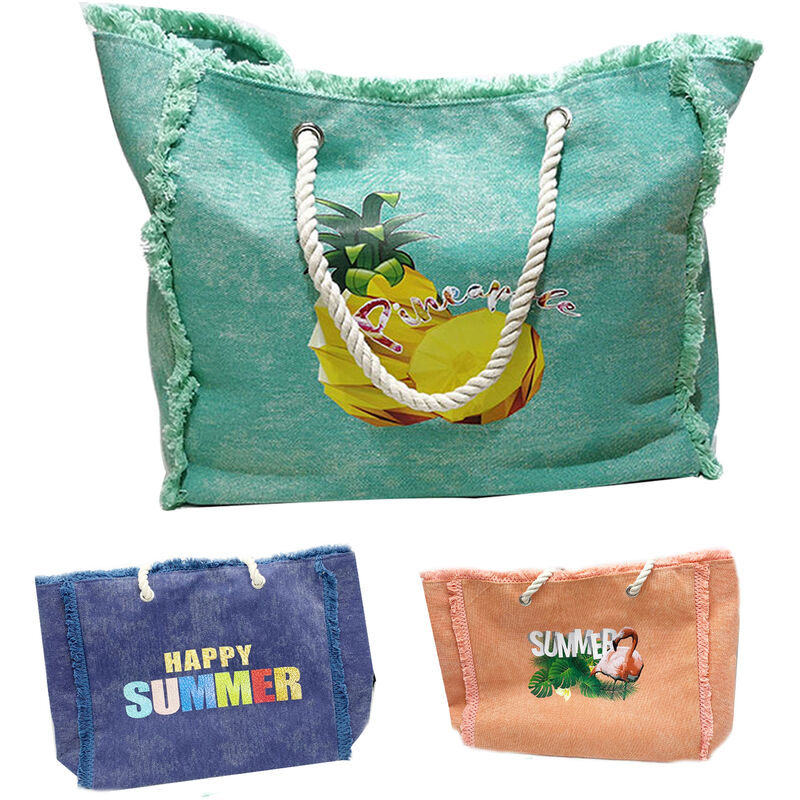 foto del prodotto borsa mare grande 42x15x37 tessuto leggero colorato manico corda forte scritta