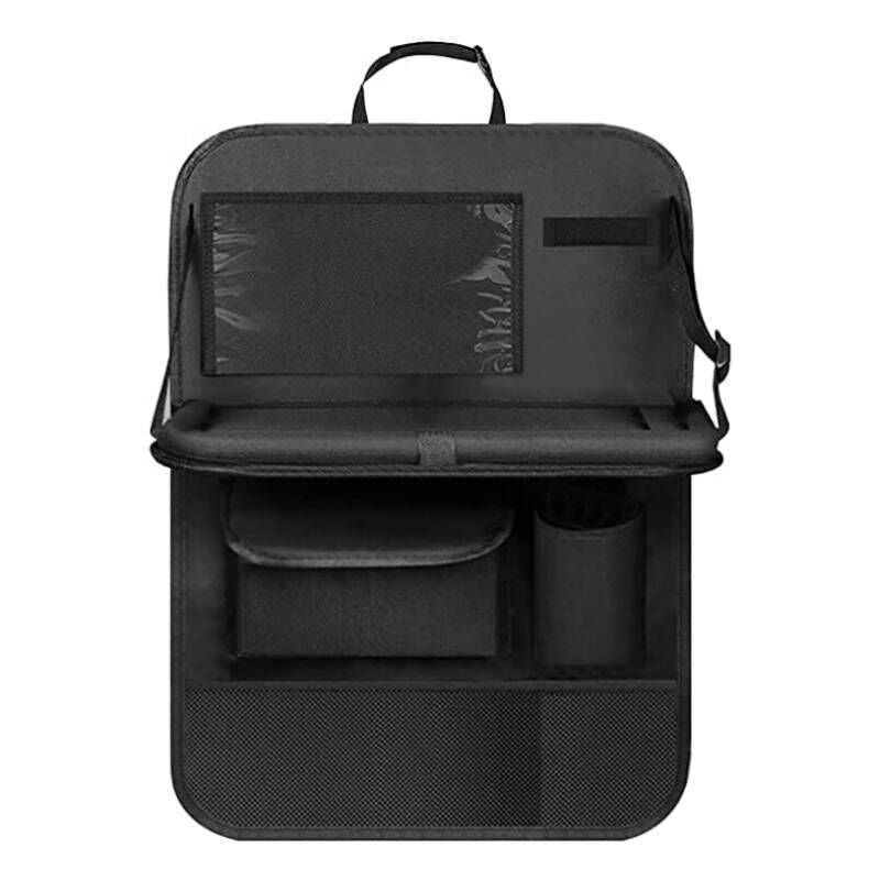 foto del prodotto borsa organizer per sedile posteriore auto per bambini, con tasca trasparente, vassoio e tasca per cellulare ipad nera 