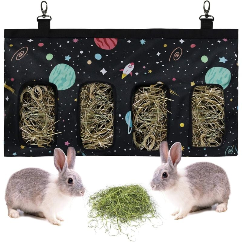foto del prodotto borsa per fieno per conigli mangiatoia per fieno borsa per mangiatoia per fieno per conigli porta fieno per animali domestici conigli cincillà criceti (4 fori, modello nero)
