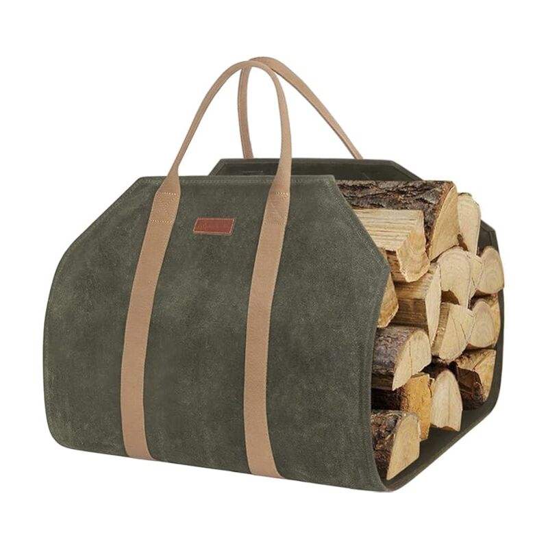 foto del prodotto borsa per legna da ardere in tela cerata resistente con cinghie rinforzate, verde sollbry