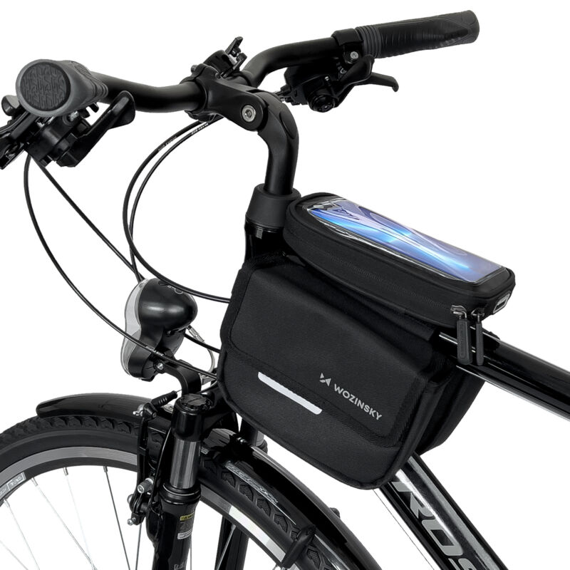 foto del prodotto borsa per telaio bicicletta, borsa per bicicletta, custodia impermeabile per telefono, 1,5 l, nera