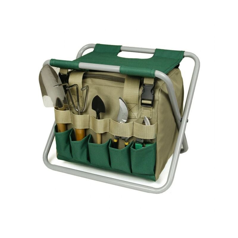 foto del prodotto borsa porta attrezzi da giardino per smontaggio, sgabello pieghevole, grigio