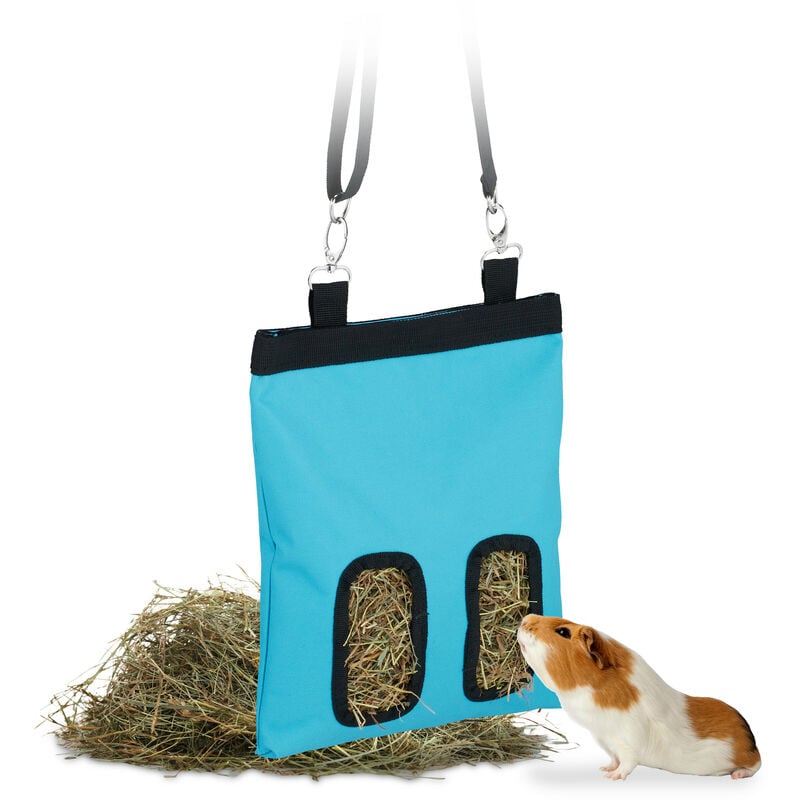 foto del prodotto borsa porta fieno per conigli, hxl 31 x 25 cm, sacco di stoffa per mangime per cincill e criceti, blu nero relaxdays