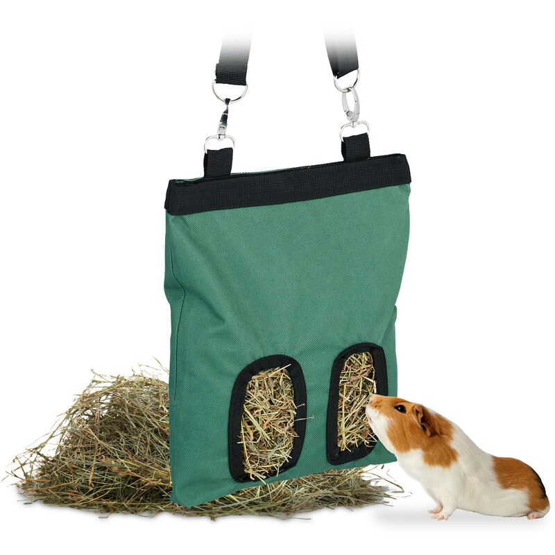 foto del prodotto borsa porta fieno per conigli, hxl 31 x 25 cm, sacco di stoffa per mangime per cincill e criceti, verde nero relaxdays
