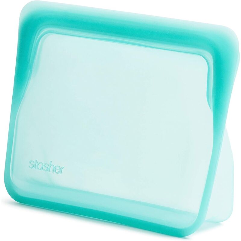 foto del prodotto borsa portaoggetti riutilizzabile in silicone per uso alimentare, color acqua mini stand up min , riduce la plastica monouso, per cucinare,