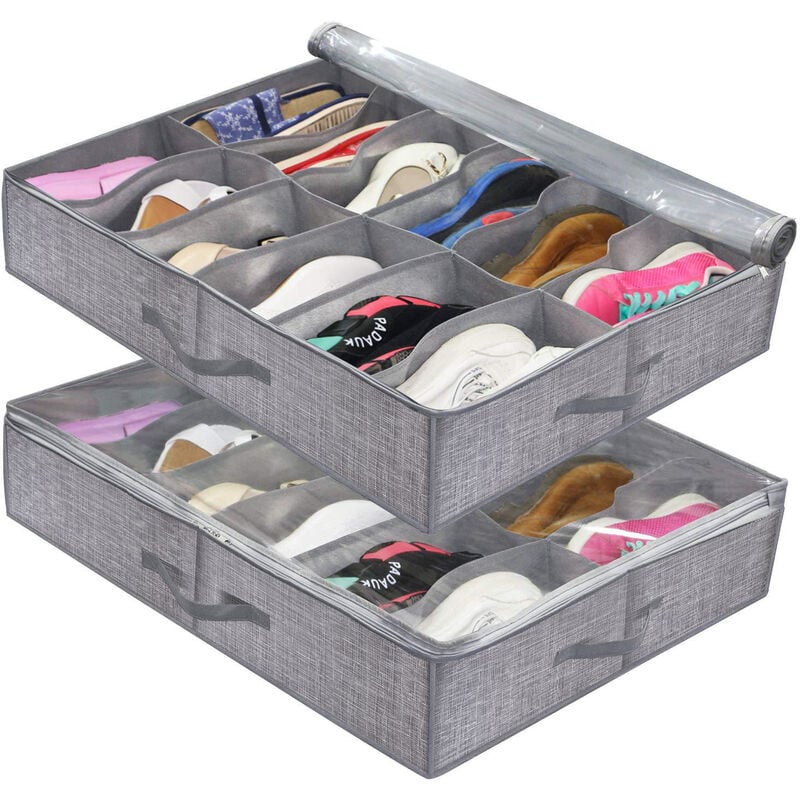 foto del prodotto borsa portascarpe da 2 pezzi con finestra trasparente organizzatore porta scarpe 12 scomparti sotto il letto scatola portaoggetti, grigio lino,