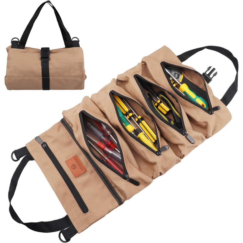 foto del prodotto borsa portautensili arrotolabile con 5 tasche con cerniera, multifunzione in tela per elettricisti, riscaldamento, aria condizionata
