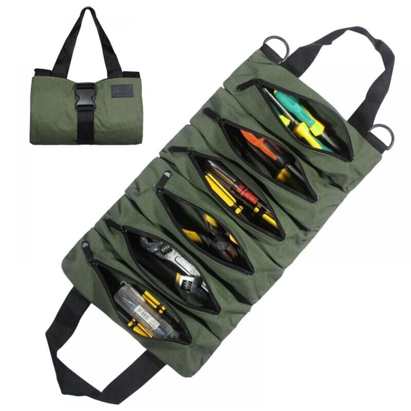 foto del prodotto borsa portautensili arrotolabile portatile multifunzionale verde in tela con 6 tasche con cerniera, adatta per l uso domestico quotidiano, per la