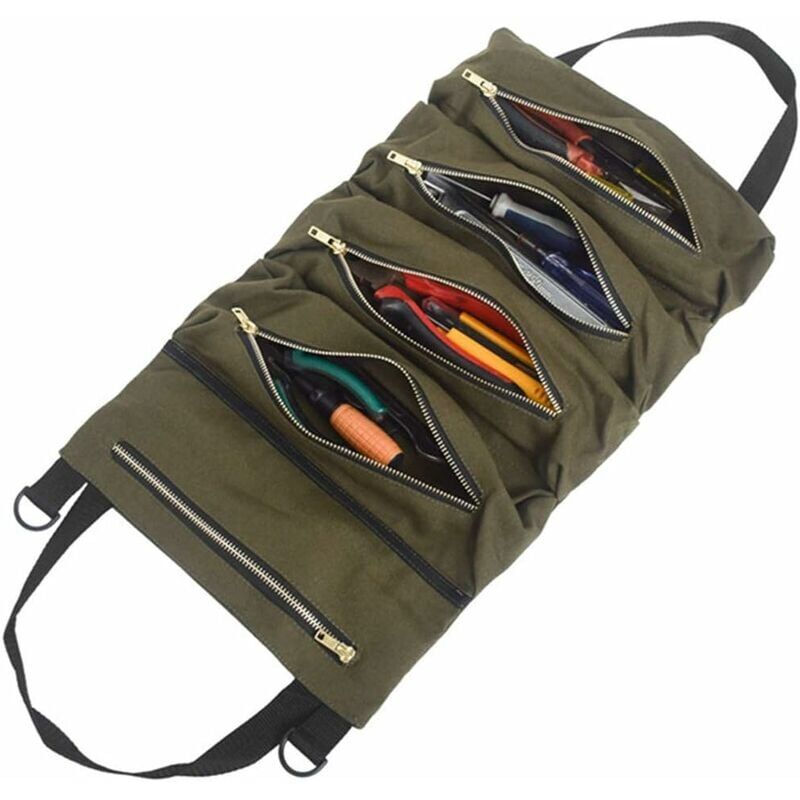 foto del prodotto borsa portautensili con 5 tasche con cerniera, borsa portautensili portatile in tela, organizer arrotolabile per elettricisti, idraulici o meccanici