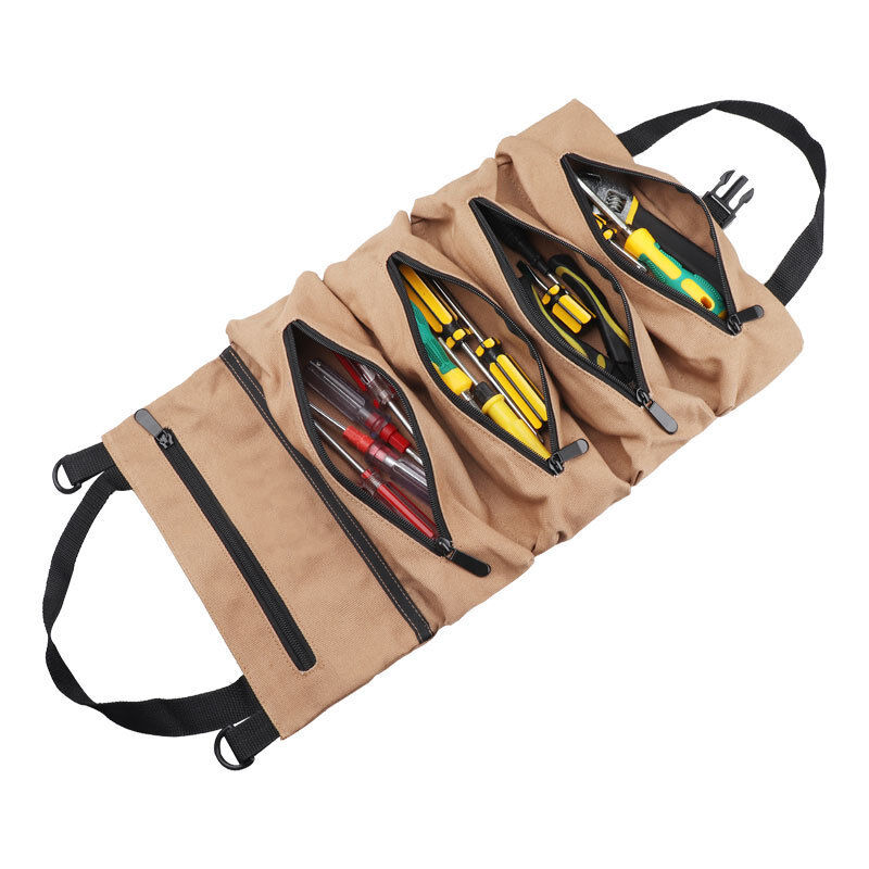 foto del prodotto borsa portautensili in tela color cachi, multifunzionale con 5 tasche, ideale per utensili da casa, da falegname e da elettricista. bebusingoto