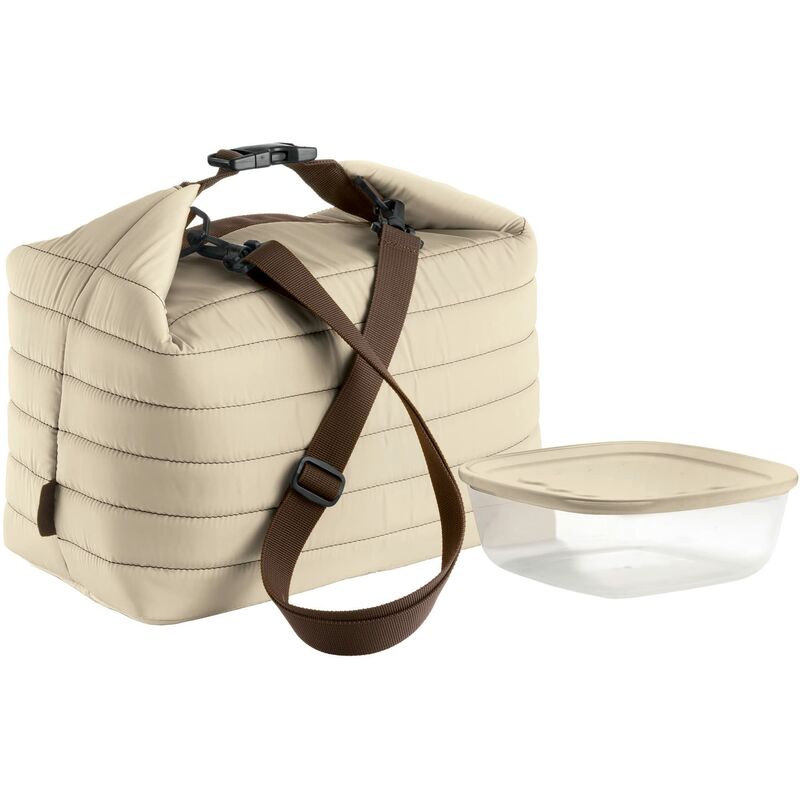 foto del prodotto borsa termica grande con tracolla on the go, argilla, borsa 30 x 18 x h30 cm, contenitore 19.6 x 19.6 x h7 cm, 1400 cc guzzini