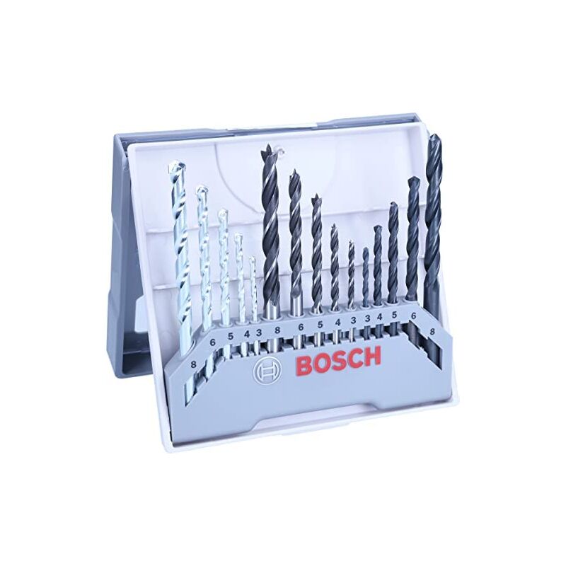 foto del prodotto bosch 15 pz. set di punte per legno, muratura e metallo, 3 8 mm, accessori per trapano e supporto per trapano 