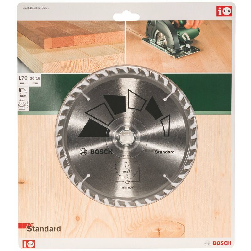 foto del prodotto bosch 1x lama per sega circolare standard per legno, 170 x 2.2 1.5 x 20 16 mm, 40 denti, atb, con 1x anello di riduzione 16 mm, accessori seghe