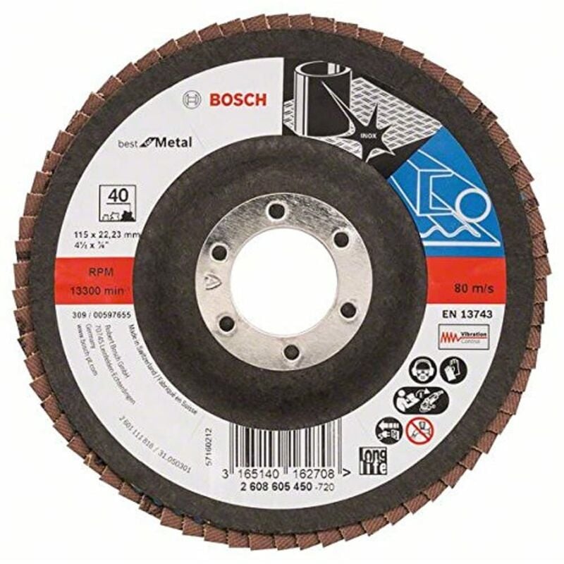 foto del prodotto bosch 2608605450 disco lamellare per metallo best for metal per smerigliatrice angolare, grana 40, disco 115 mm, bombato