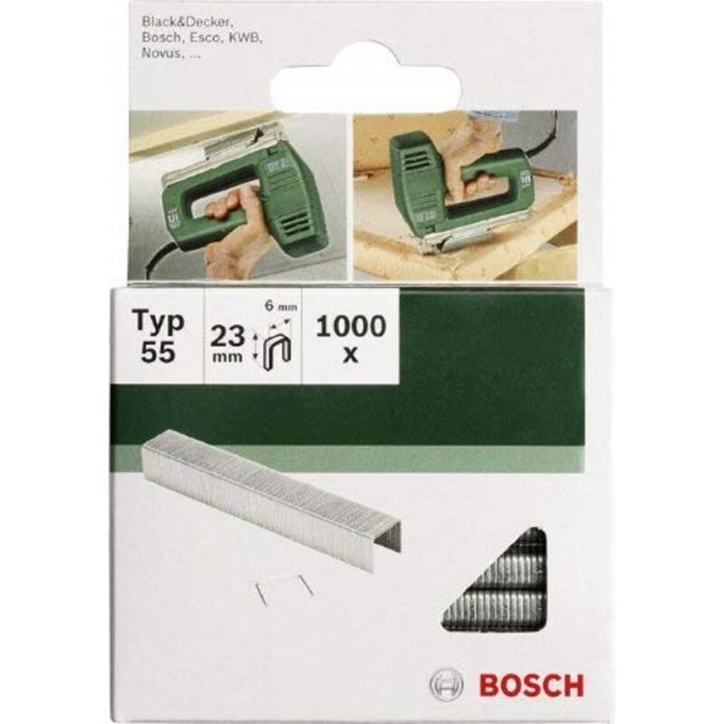 foto del prodotto bosch 2609255828 set di 1000 punti metallici piatti tipo 55, larghezza 6 mm, spessore 1.08 mm, lunghezza 19 mm