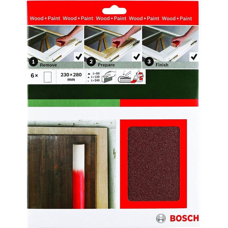 foto del prodotto bosch 6 fogli abrasivi manuali per legno rossi 230x280mm
