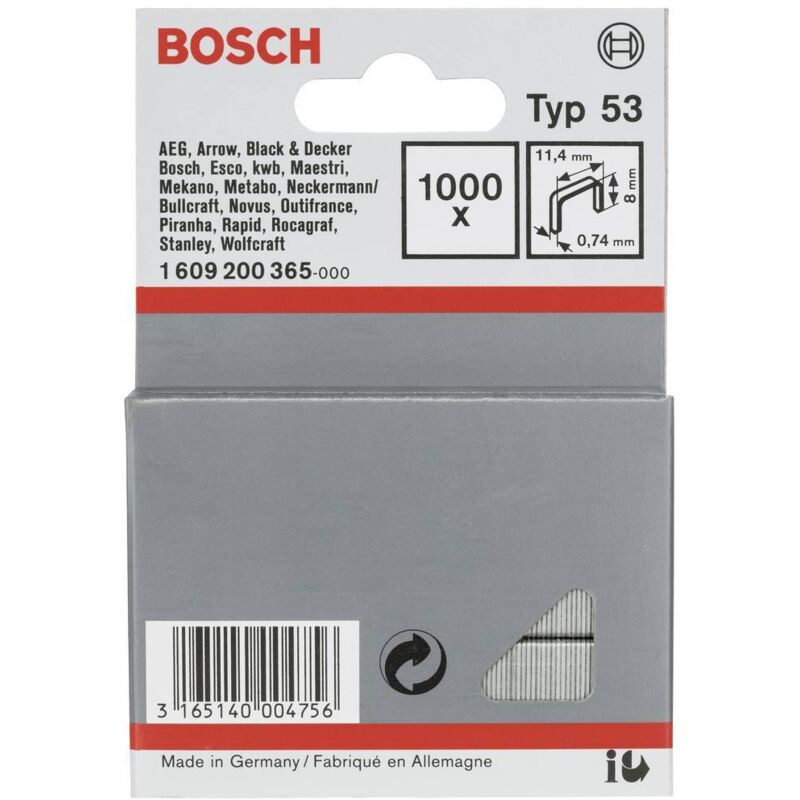 foto del prodotto bosch accessories 1609200365 graffette punto sottile tipo 53 1000 pz. dimensioni l x l 8 mm x 11.40 mm