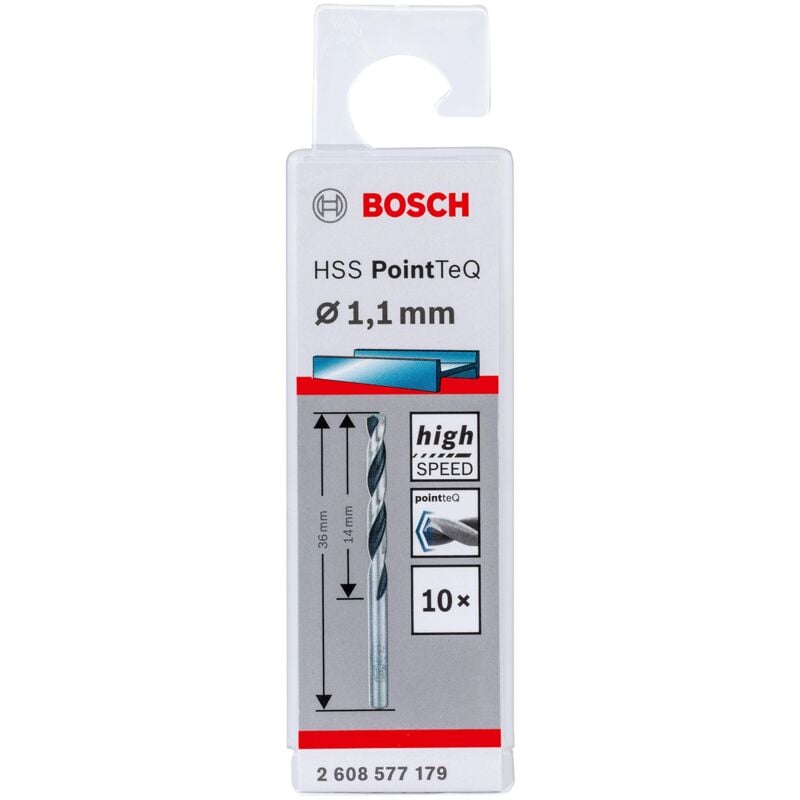 foto del prodotto bosch accessories 2608577179 hss pointteq 1,1 x 14 x 36 mm set da 10 pezzi di punte elicoidali per trapano per metallo, acciaio, fusione o